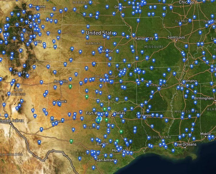 The Equine Route map, with arena and entrance pins across the central US